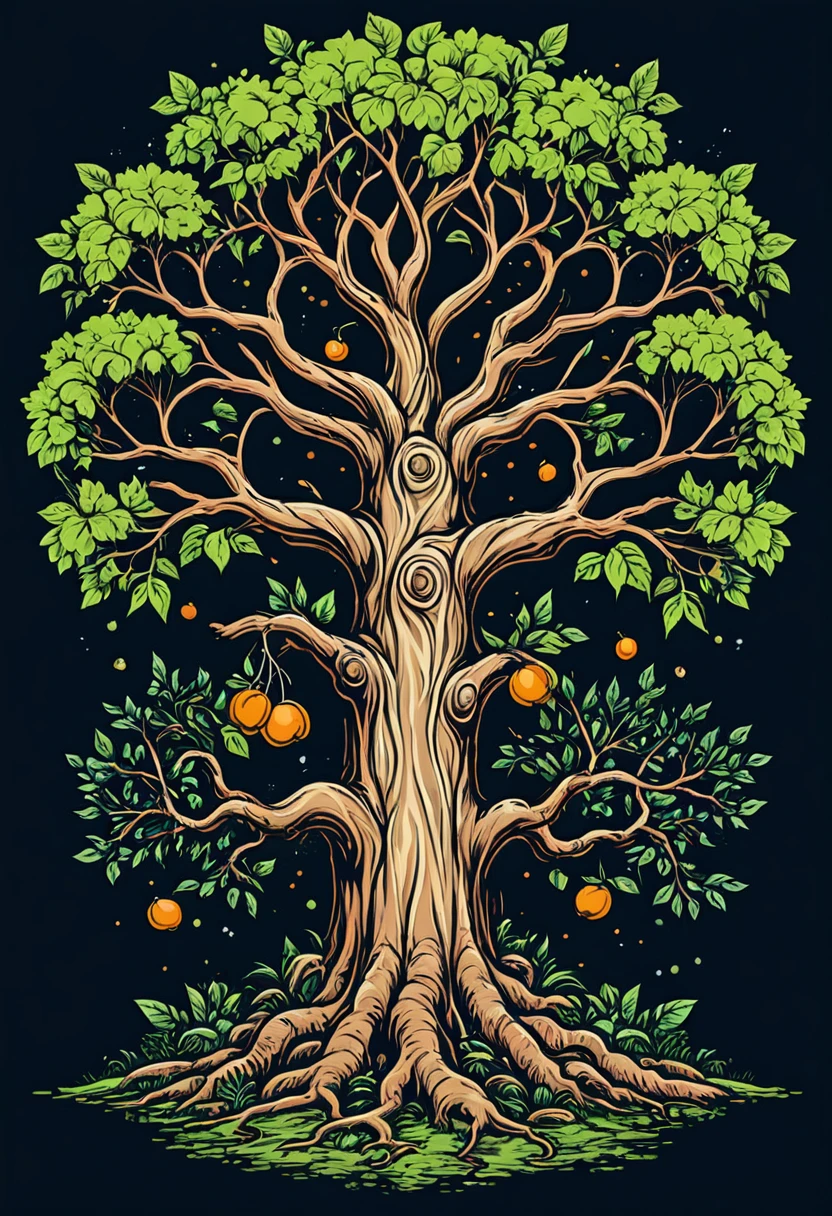 Trunk of a tree and branches without leaves and without fruits, T-shirt design, rzminjourney, vector art
