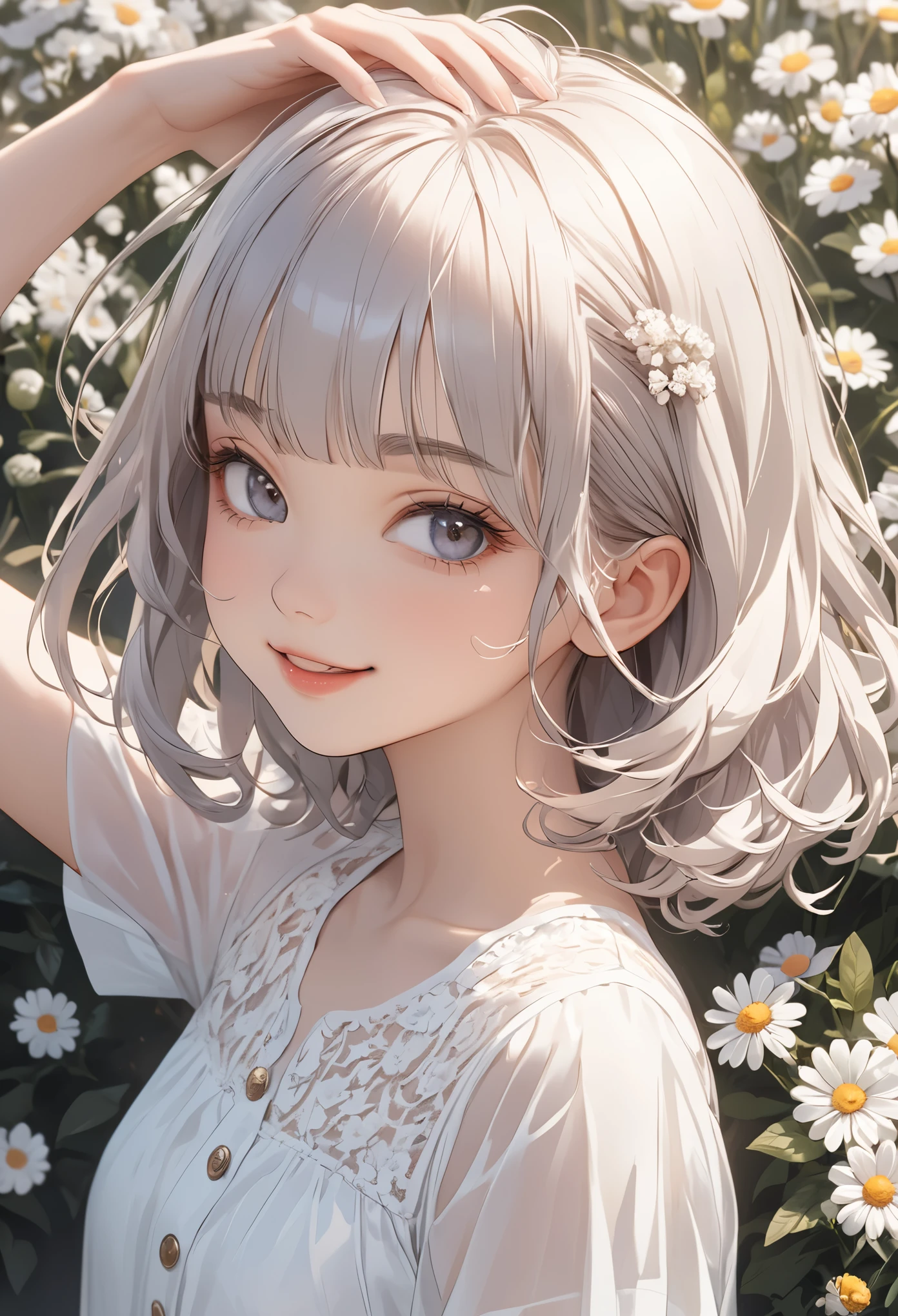 ((Masterpiece)), ((best quality)), ((wide shot)), (super detail:1.2), (High Definition:1.3), ((extremely detailed)), (8K), (Professional Photography:1.2), (very aesthetic:1.2), (absurdres:1.2), perfect anatomy, intricate details, (sharp focus), (perfect light), (drop shadow), ((1girl)), (()), looking at viewer, (Close-up of marguerite), (on the Idyllic hill where marguerite blooms), Splendid marguerite in full bloom, ((Beautiful many marguerite)), details of the petals are delicate and gorgeous, cute teenage girl, platinum-gold hair, (loose blunt bangs), (medium hair), outside curl hair, (incline head), cute face, ((Short and round eyebrows)), Healthy skin, (Healthy slim body), (:d), (arm up), (cute cheeks), glossy lips, pouty lips, bags under the eyes, (lower eyelashes), (detailed background:1.2), newest, clear line, (pale pink bottoned shirts),