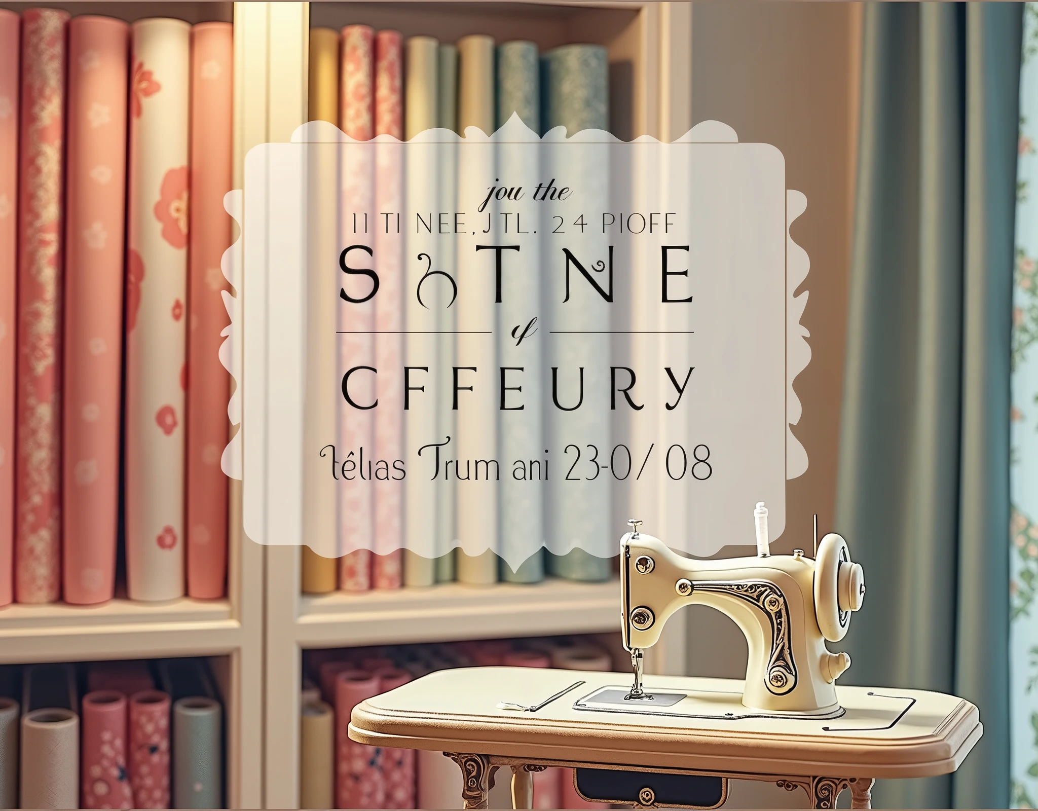 I want to create an invitation brochure for the opening of my fabric store, in the brochure I want a closet with a roll of fabrics, Sewing machine, mesón para corte de telas. In pastel tones with the text: ¨Open House Telas Brasil that Friday 23/08¨