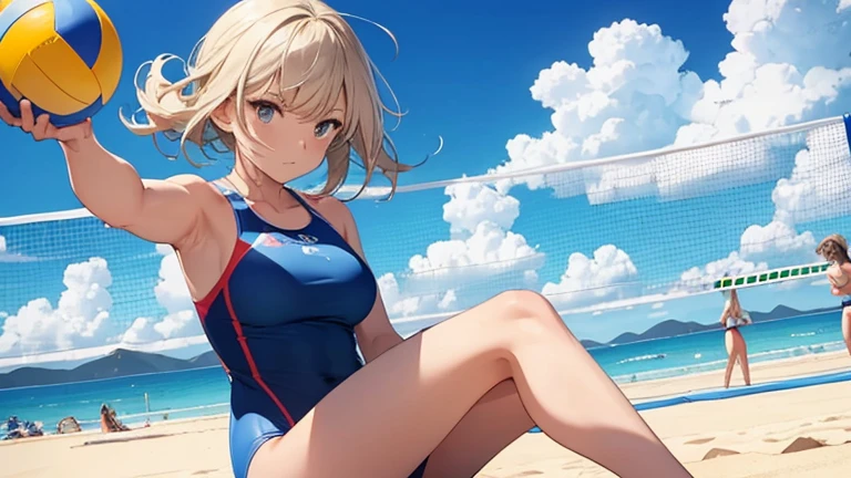 On the sandy beach volleyball court、Please draw an illustration of a woman in a swimsuit with a serious look on her face as she plays a game.。She hit the ball back with force.、The blue sea and sky spread out in the background.。