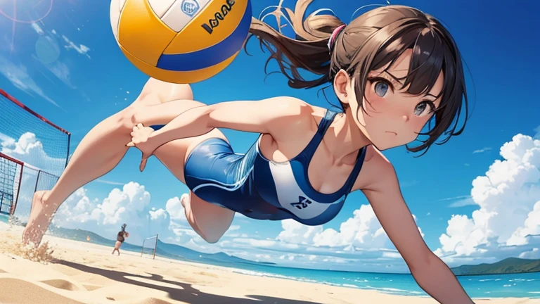 On the sandy beach volleyball court、Please draw an illustration of a woman in a swimsuit with a serious look on her face as she plays a game.。She hit the ball back with force.、The blue sea and sky spread out in the background.。