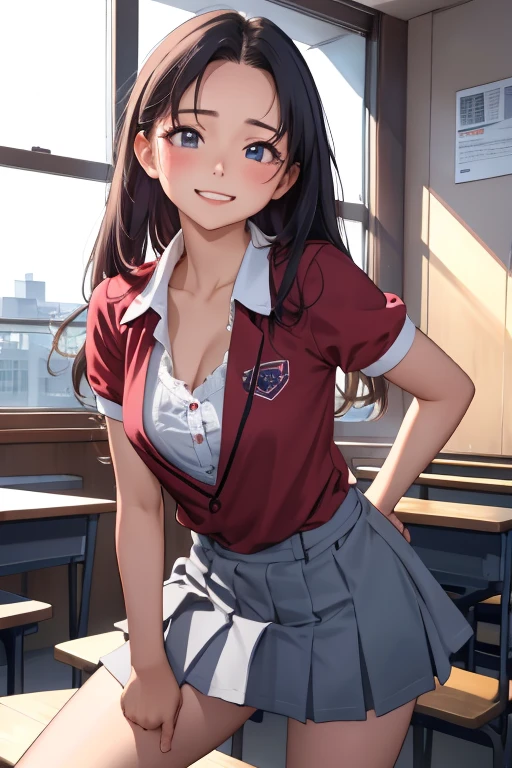 masterpiece, Highest quality, high resolution,High school girl 10.0,Very detailed,Asian Beauty,Laughing with your mouth open,Iris,Legs visible from short skirt,Natural Beauty,Cinematic,Mid-chest,I am in school.,Showing from knees 10.0,Wearing uniform 10.0,Supple and soft limbs,Narrow eyes and light eye makeup,Natural tear bags,Very detailedなな目と顔,Leaning forward,blush,Glossy Lips,I'm about to cry.,