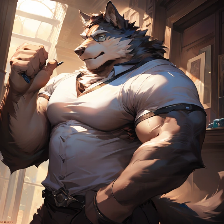 4k, high resolution, best quality, perfect colors, perfect shadows, perfect lighting, posted on e621, (by Chunie, by canyne khai, by t.y.starale), male, furry, snow wolf anthro, solo, white fur, blue eyes, sunglasses, (Realistic eye details 1.2), white business suit wear, in the office, Full body like, Slim body, V0id3nergy, Masterpiece, dramatic lighting, soft lighting, day, highly detail, Hair coiled, ((Bonifasko lighting)), (Detailed eyes), perfect pupils, detail eyes, detail fluffy fur, (seductive face:1.2), fit body, Looking at the camera,, fit body, perfect male figure, Detailed fur, Detailed face, Perfect face, Detailed background, (Complex), (Super Detail), (Ultra Clear), (Best Quality)