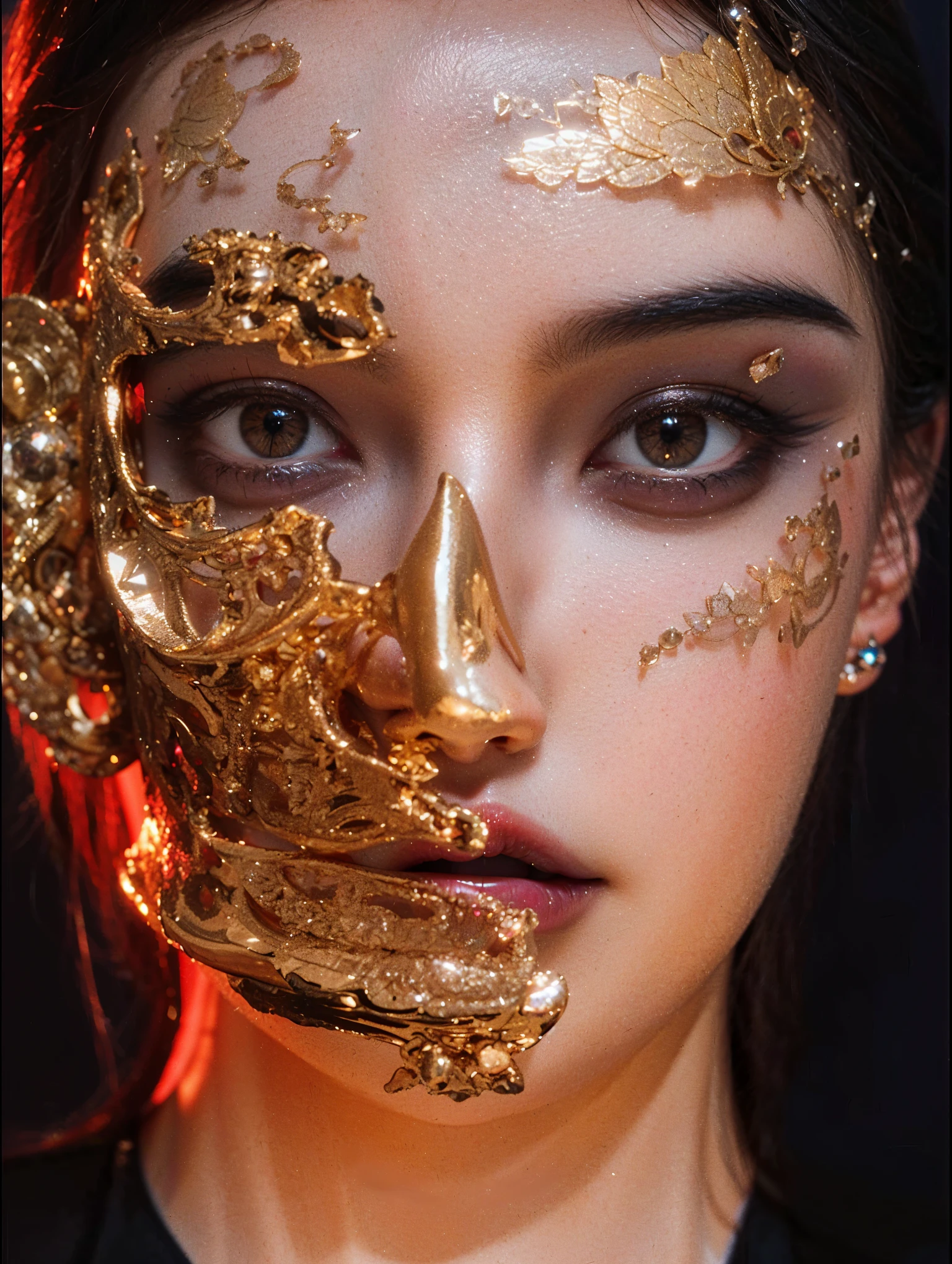 Game Art,Best image quality,Maximum resolution,8K,(A bust photo),(portrait),(Head close-up),(Rule of Thirds),Unreal Engine 5 rendering works,20 year old girl,((Queen)),The eyes are very detailed,(Large Breasts),Elegant and noble,light,Ray Tracing,Game CG,((3D Unreal Engine)),OC rendering reflection mode,4K,Ultra-clear,Sensual,Translucent lace,Fair and plump figure,Pretty Face,Glossy Gel Coat,身着华贵礼服的Queen,Crystal Gem Crown,Necklace jewelry,blue eyes,Gorgeous and intricate tattoo designs,Ultra-clear portrait,Sexy thick lips(Red lipstick),Gorgeous clothing,Diamond Gold,Luxury Costume Jewelry,Diamonds of the Universe,Pearl gemstones,Extremely luxurious clothes,Gold face mask