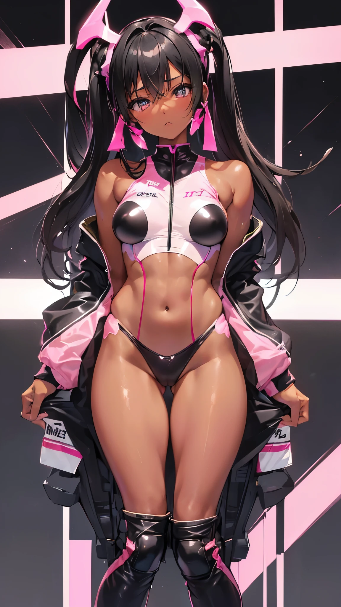 (((アニメ調cute顔))), ((Dark skin with tan lines)), ((((Revealing race queen outfit in pink and black)))), Highest quality, (Sharp details), 8k, ((cute)),, Lots of sweat, (looking at the camera),,Small Breasts、valley、Nipples erect、Height: 160 cm、Embarrassed face、Big eyes、Anatomically correct body、Big thighs、slightly muscular、Black hair twin tails、Light from the front、cuteダンス、(((Photo shoot with HONDA off-road motorcycle)))、Lewd、