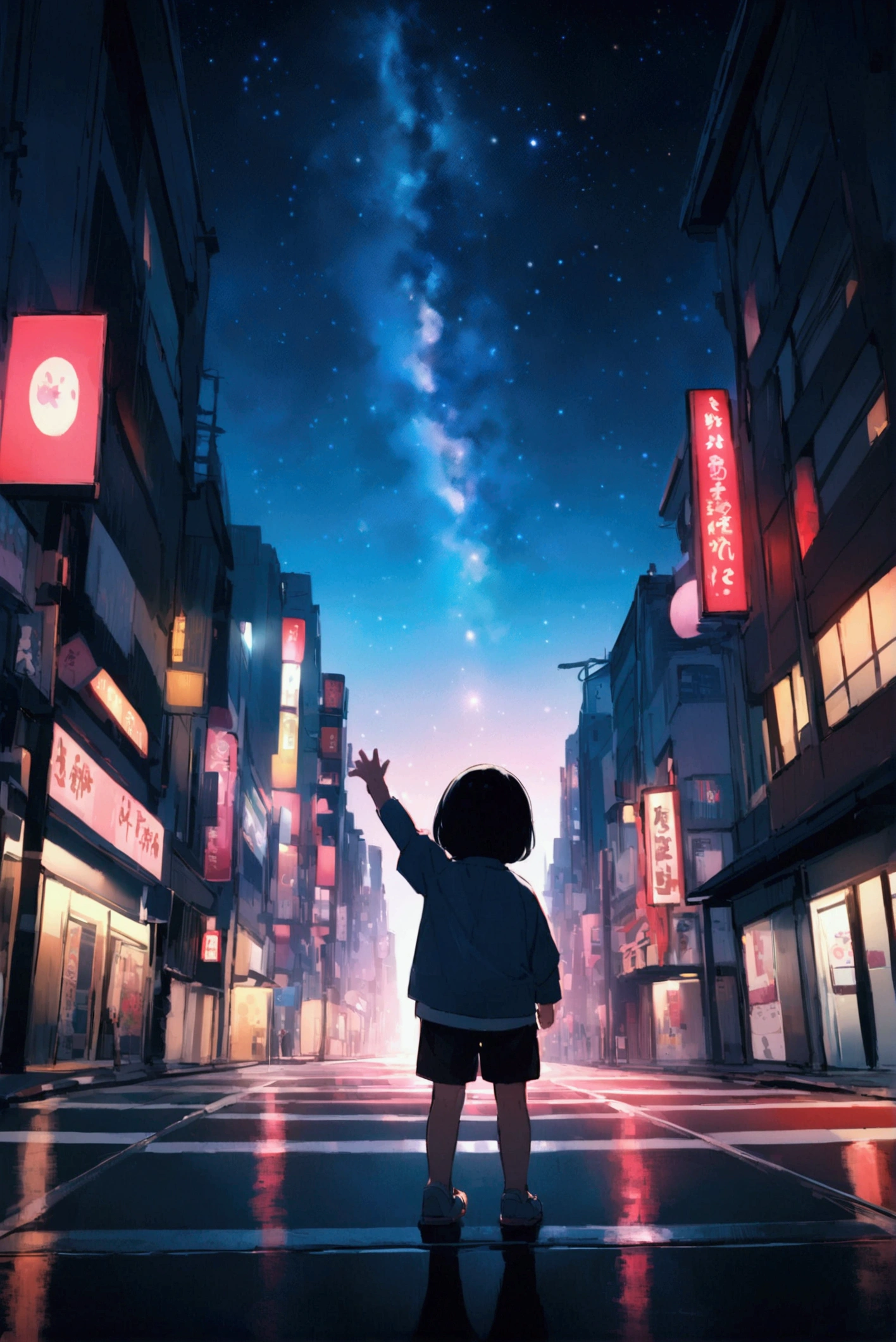Back view、I'm overreaching、Child stretching left hand upwards、Japan with black hair、Starry Sky、An empty intersection、Shortcuts,