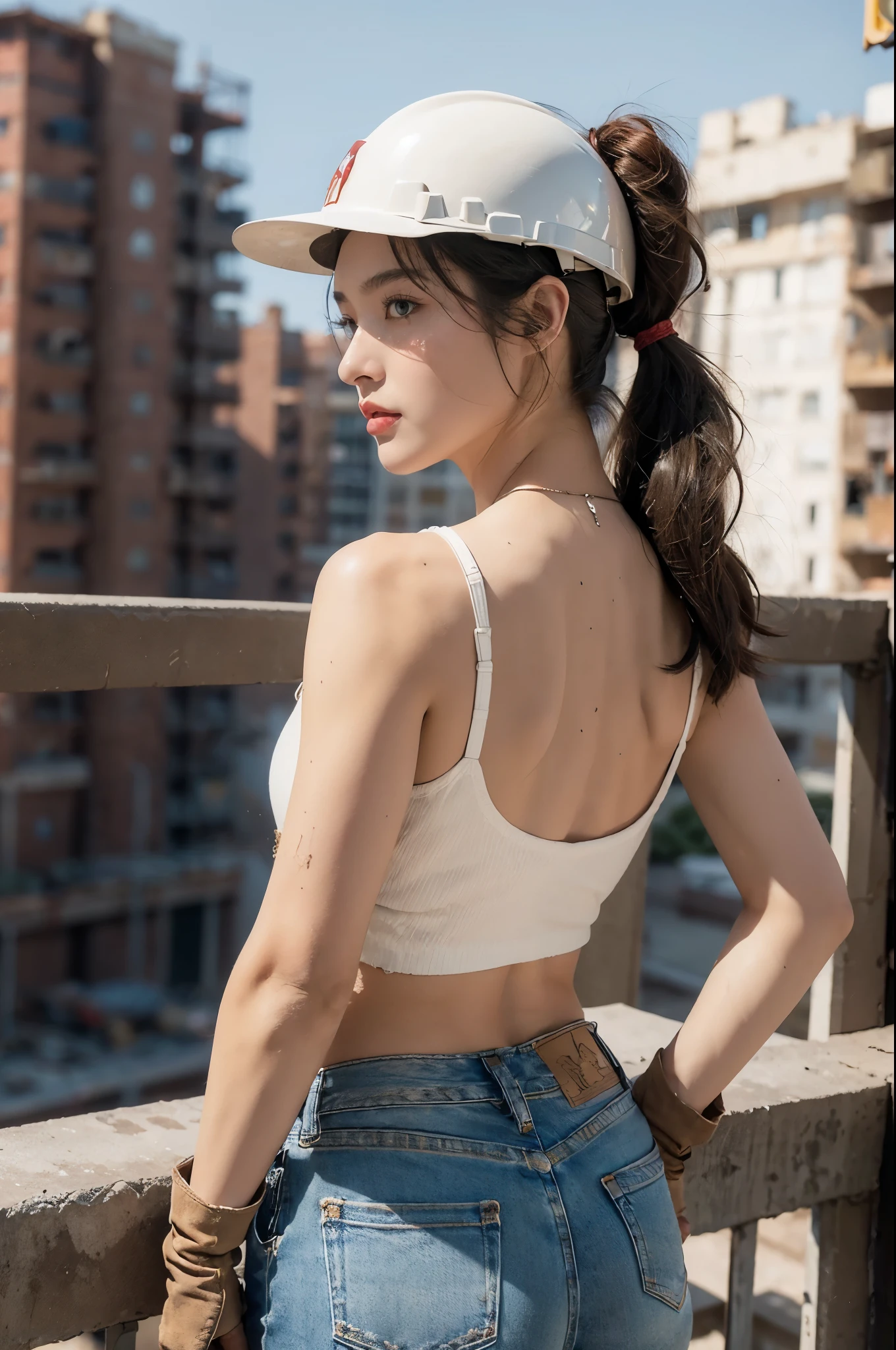(((best quality))), (((ultra detailed))), (((masterpiece))), illustration,((a beautiful girl,solo)),(hard hat on head:1.3),(short ponytail:1.2),(flushed cheeks:1.3),(Brownish red skin:1.3),((sweat,wet)),((slim,thin)),((bare back,towering hips,butt crack)), (dirty torn white tank top:1.3),(tattered jeans:1.3),(standing:1.2),(High altitude construction site:1.3),(on the roof:1.2),(outdoor:1.2),(bricks:1.3),(sturdy gloves:1.3), scorching sun, vibrant city,((cement, dust)), determined hustle, quiet, determined girl, indomitable spirit, human resilience, perseverance, unwavering resolve, back-breaking work, awe, respect, narrative, sacrifice, hard work, unseen heroes, city buildings,((from back,upper body))