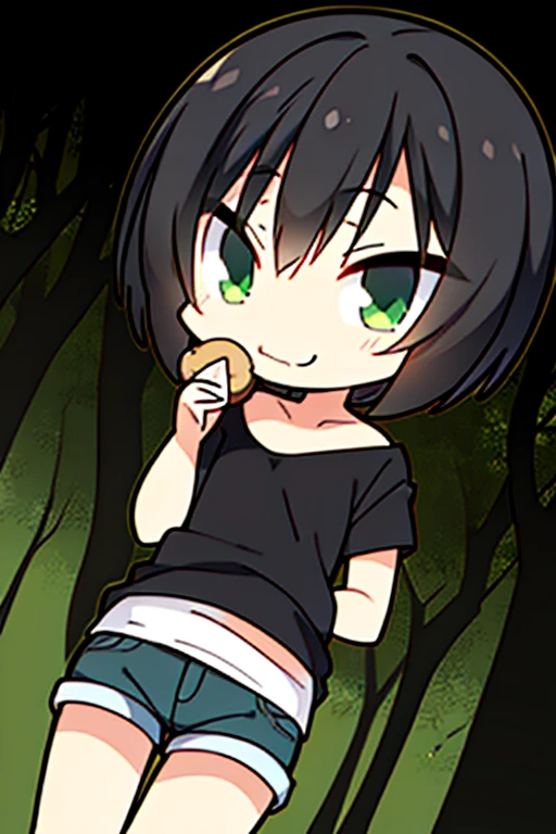 Perfect face. Perfect hands. A black haired boy with green eyes and short hair  in shorts and Gothic t-shirts is eating a cookie in a creepy forest with a big smile
