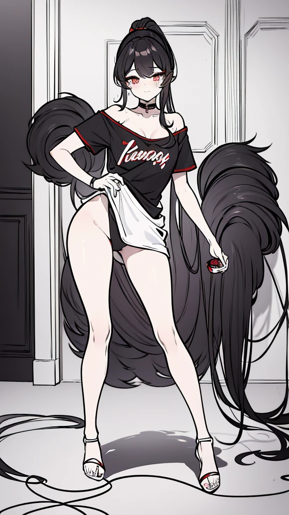using pantimedies, wavy black hair, piercing look with deep red eyes, average stature, Silky hair with a ponytail hairstyle collected with a red bow with two white lines, has a vagina, has breasts, cup of breasts, small breasts, slim, foreground, Session, sitting in her room, standing in his room, wearing pantyhose, using pantimedies, Picardias, neckline, looking at the viewer, lascivious smile, ((oversized t-shirt)), off the shoulders, without pants, washing machines, thighs, ((White T-shirt)), standing, hands on the hips,, shoes, blush, from below, thighs gorditos, thighs grandes, big ass