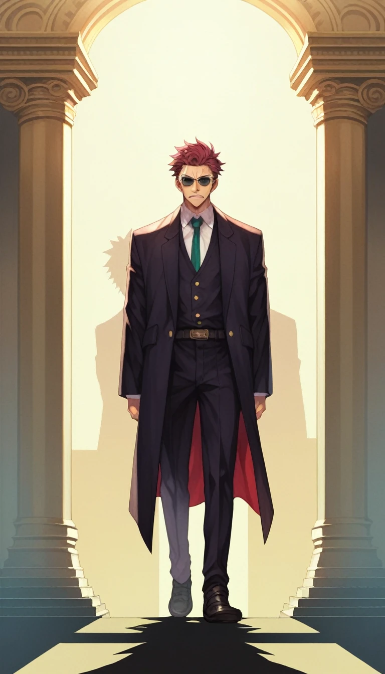 Anime Style, Yakuza, Japan Mafia, Scars on the face, Angry, Middle-aged man, Reddish brown hair, Green Eyes, Sharp Eyes, Short Hair, Calm. wise, Staggered sunglasses, Black ceremonial clothing, Background of the Ascending Dragon, Worldview of the Underworld, Surrealism, Expressionism, Anime Style, Cast a Shadow, Film Grain, Vignetting, silhouette, 1080P, Anatomically correct