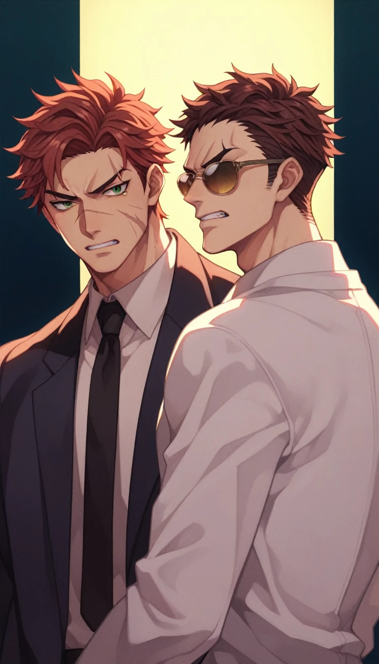 Anime Style, Yakuza, Japan Mafia, Scars on the face, Angry, Middle-aged man, Reddish brown hair, Green Eyes, Sharp Eyes, Short Hair, Calm. wise, Staggered sunglasses, Black ceremonial clothing, Background of the Ascending Dragon, Worldview of the Underworld, Surrealism, Expressionism, Anime Style, Cast a Shadow, Film Grain, Vignetting, silhouette, 1080P, Anatomically correct