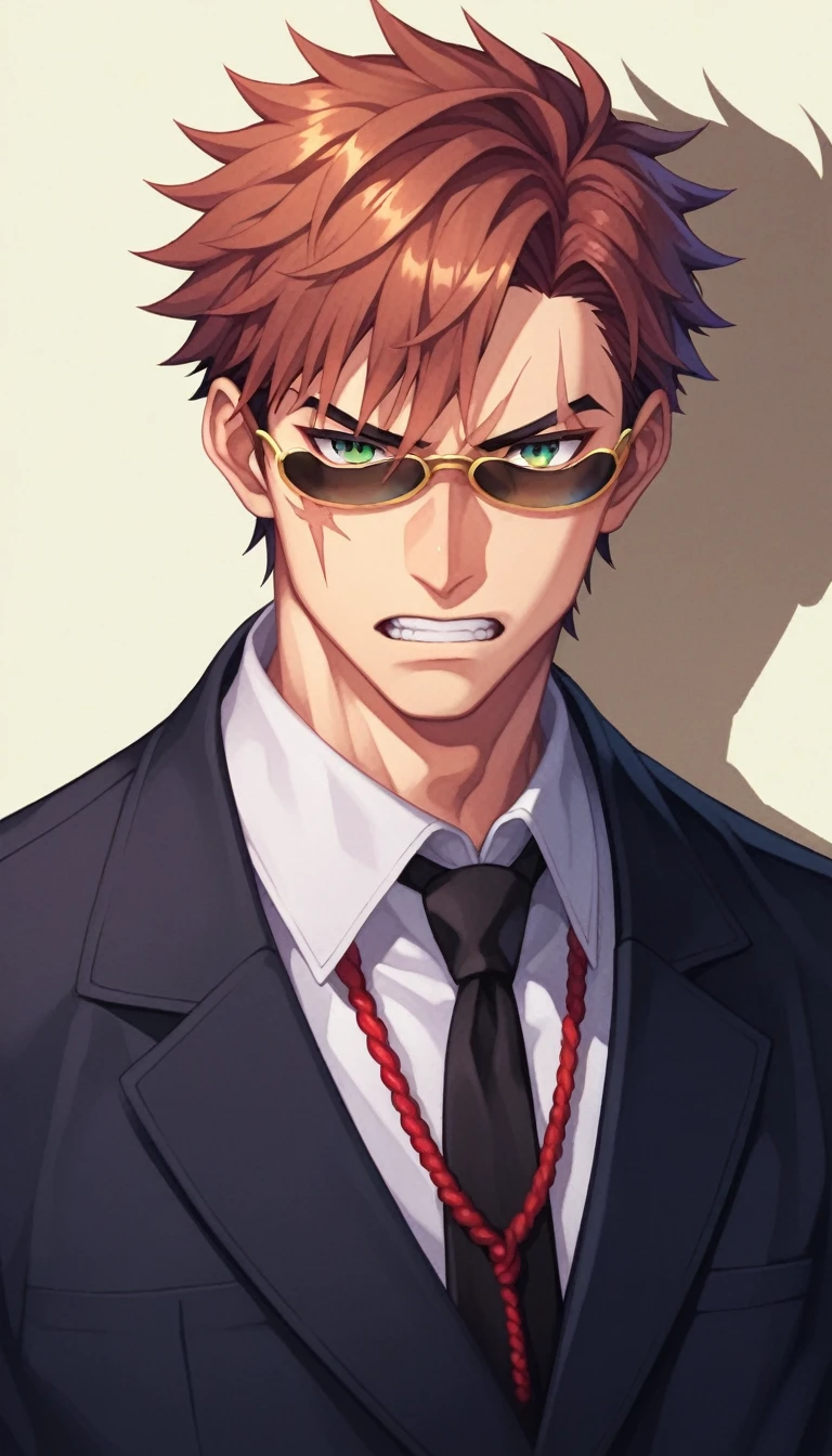 Anime Style, Yakuza, Japan Mafia, Scars on the face, Angry, Middle-aged man, Reddish brown hair, Green Eyes, Sharp Eyes, Short Hair, Calm. wise, Staggered sunglasses, Black ceremonial clothing, Background of the Ascending Dragon, Worldview of the Underworld, Surrealism, Expressionism, Anime Style, Cast a Shadow, Film Grain, Vignetting, silhouette, 1080P, Anatomically correct