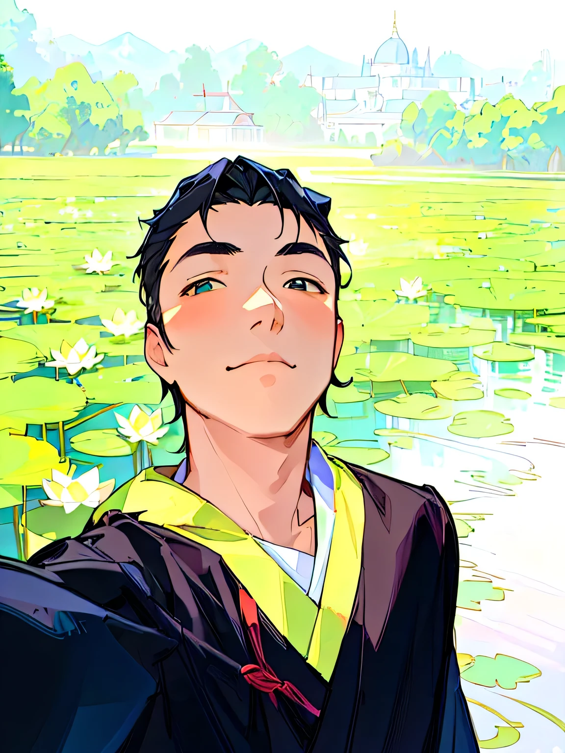 masterpiece, best quality, (Extremely detailed CG unity 8k wallpaper), A man wearing a graduation gown stands in front of a field of lotus flowers.，selfie perspective。clean，Anime style， black hair