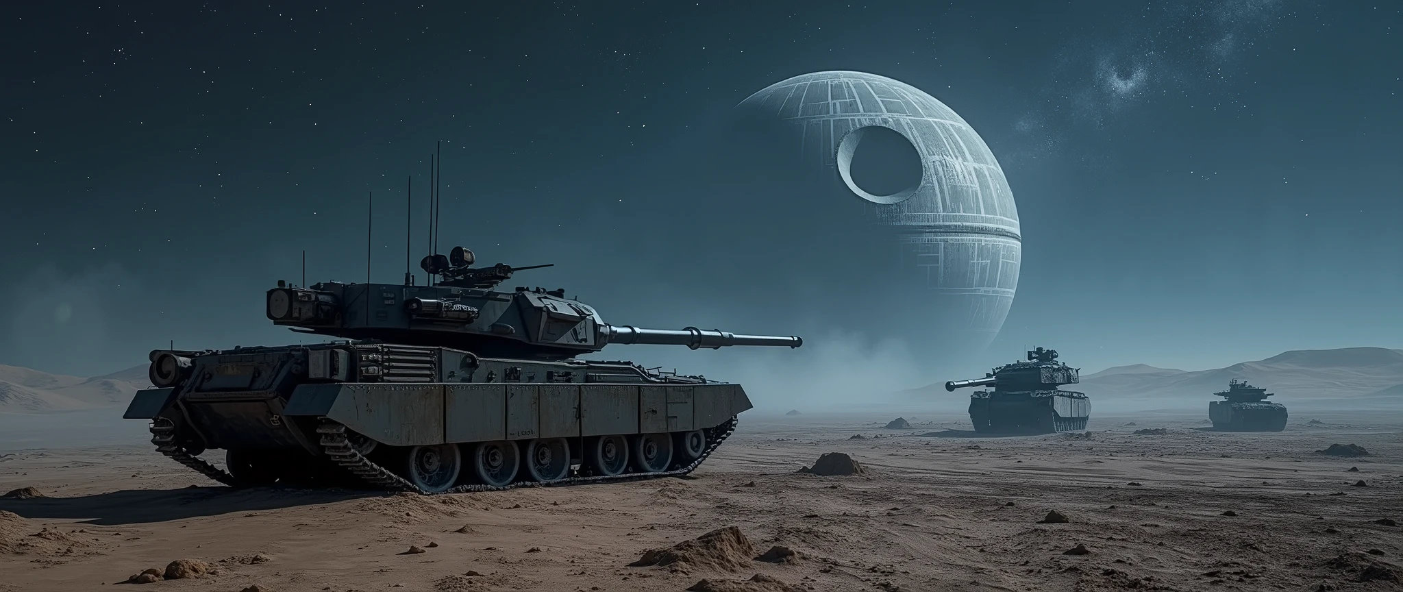 in the desert at night with a heavy tank with other tanks destroyed in battle and the death star in the background