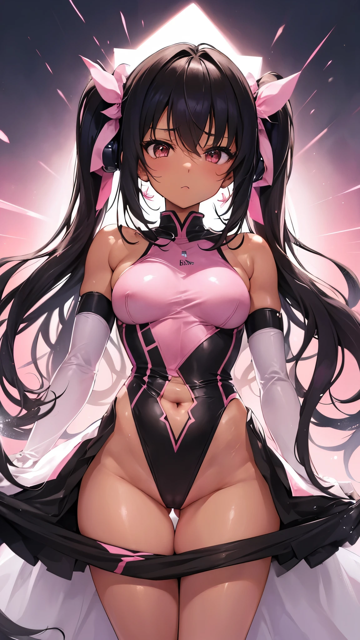 (((アニメ調cute顔))), ((Dark skin with tan lines)), ((((Revealing race queen outfit in pink and black)))), Highest quality, (Sharp details), 8k, ((cute)),, Lots of sweat, (looking at the camera),,Small Breasts、valley、Nipples erect、Height: 160 cm、Embarrassed face、Big eyes、Anatomically correct body、Big thighs、slightly muscular、Black hair twin tails、Light from the front、Nasty Dance