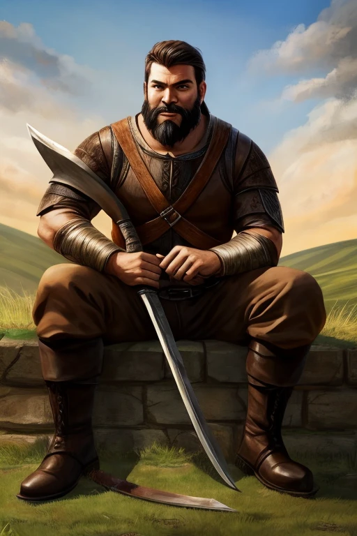 male human, wearing a black beard, brawny, wearing a brown outfit, wearing brown boots, arms on display, holding a scythe, sitting on a hill, medieval era