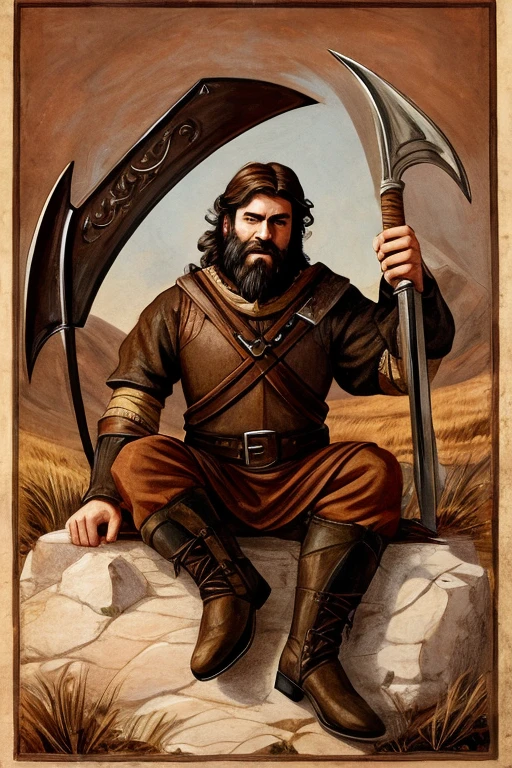 male human, wearing a black beard, brawny, wearing a brown outfit, wearing brown boots, arms on display, holding a scythe, sitting on a hill, medieval era