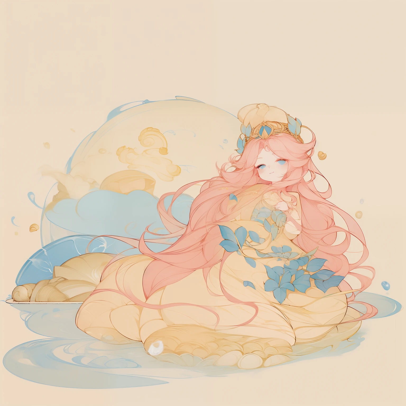 Exquisite and beautiful CG artwork),(best quality, Extremely detailed, high resolution),(Dynamic Angle, Dynamic Lighting),(1 character),(Pink and gold long hair), blue eyes, Pretty Face), 1 girl, (Long sideburns, plant, Smile, Blue long skirt, 3 d, ocean, water, Beach Ball, shell, Sunlight, windy