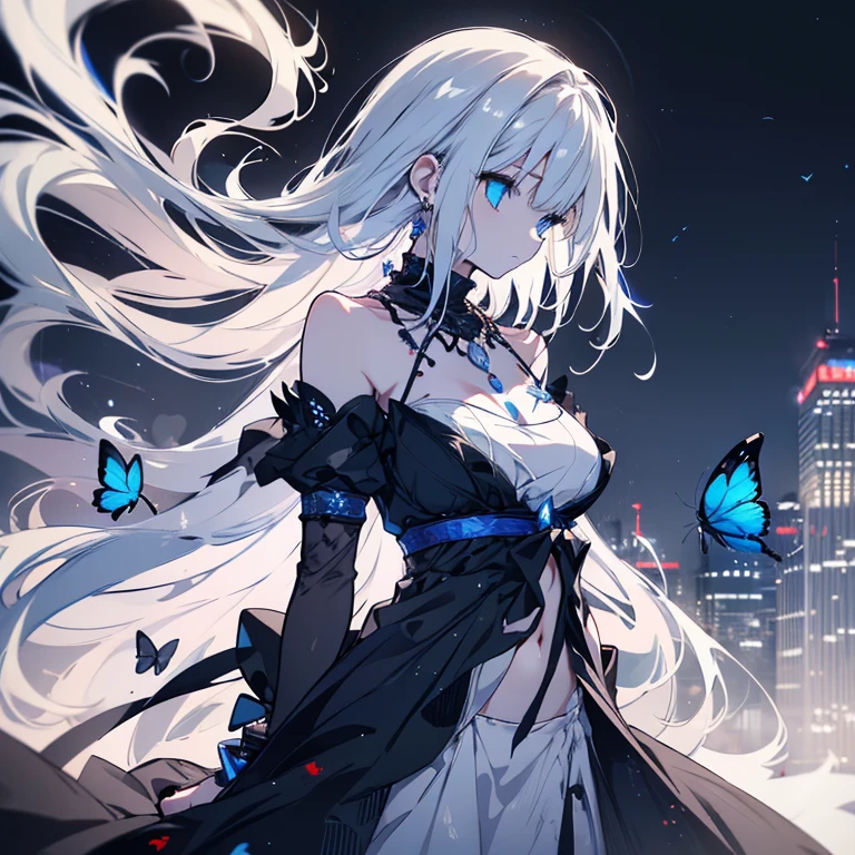 1 person、Mature、Ample breasts、White Hair、Long Hair、Blue Eyes、White skin、Black Dress、Shoulder Bare、Belly button、Hair blowing in the wind、Look to the side、profile、Blood splatter、Blood splatter、Ruined City、Downtown、Night view、A troubled look、necklace、bracelet、Blue Butterfly、High resolution、Highest quality