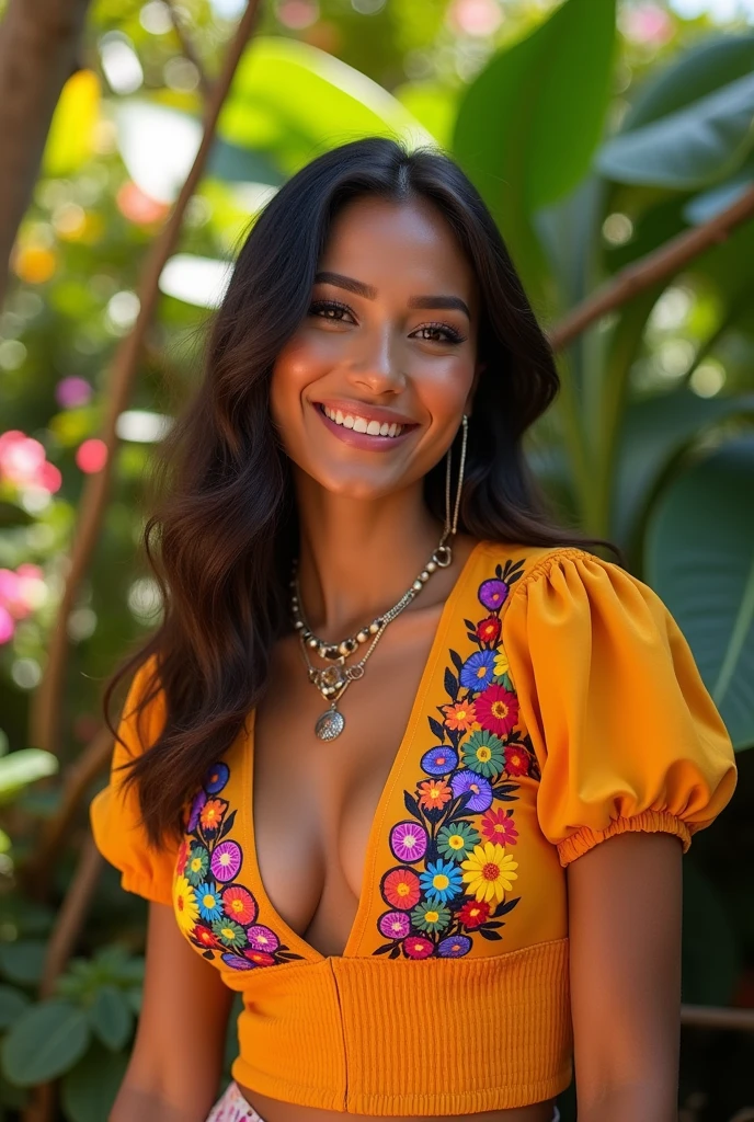 Mirabel from Encanto, looking sexy, revealing clothes, perky breasts, cleavage