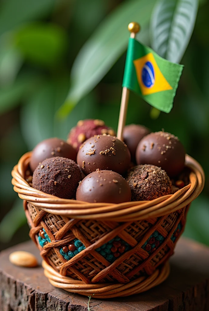 create a basket of homemade chocolate bonbons, to be sold and inspired by the culture of Amapá. The basket features elements that reflect tradition and the typical ingredients of the region, with the flag of Amapá