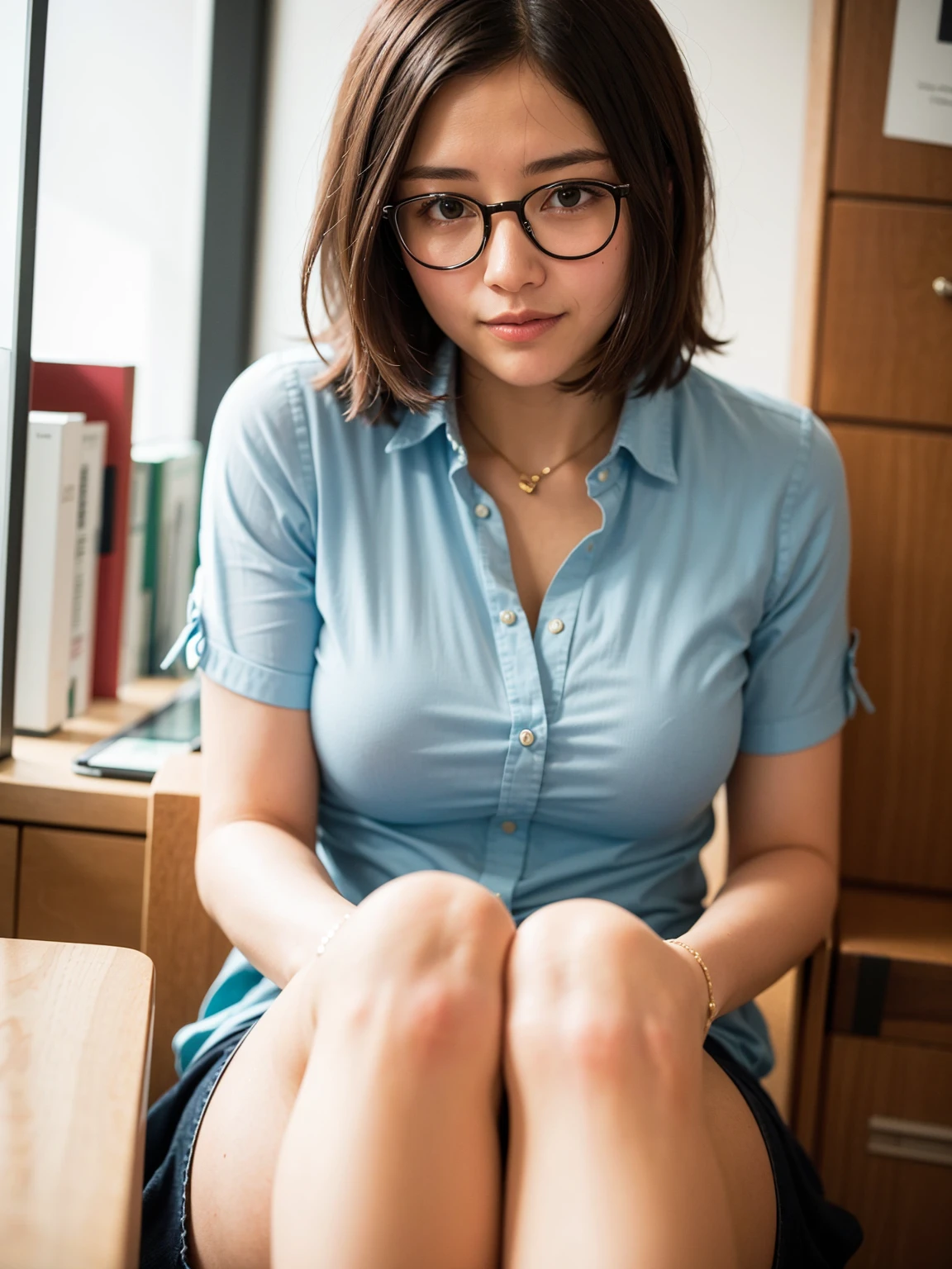 NSFW, (masterpiece, best quality, photo realistic:1.4), (shiny skin), (UHD, 8K wallpaper, High resolution), Perfect anatomy, Cinematic lighting, physically-based rendering, award-winning, extremely detailed skin, extra detailed face, eyes with beautiful details, Carl Zeiss 85 mm F/1.4, BREAK, (((1man and 1girl, having sex:1.5)), on the floor, BREAK, very cute 16-year-old schoolgirl, (pink wavy semi-long hair and bangs, glasses), small titts, (wet white school blouse unbuttoned, navy pleated skirt lift, black knee high socks, loafers:1.3), view from below, (naked:1.5), (flat chest:1.5), ,((1man and 1woman,having sex)), (short hair:1.5), (scary face), (doggy style)