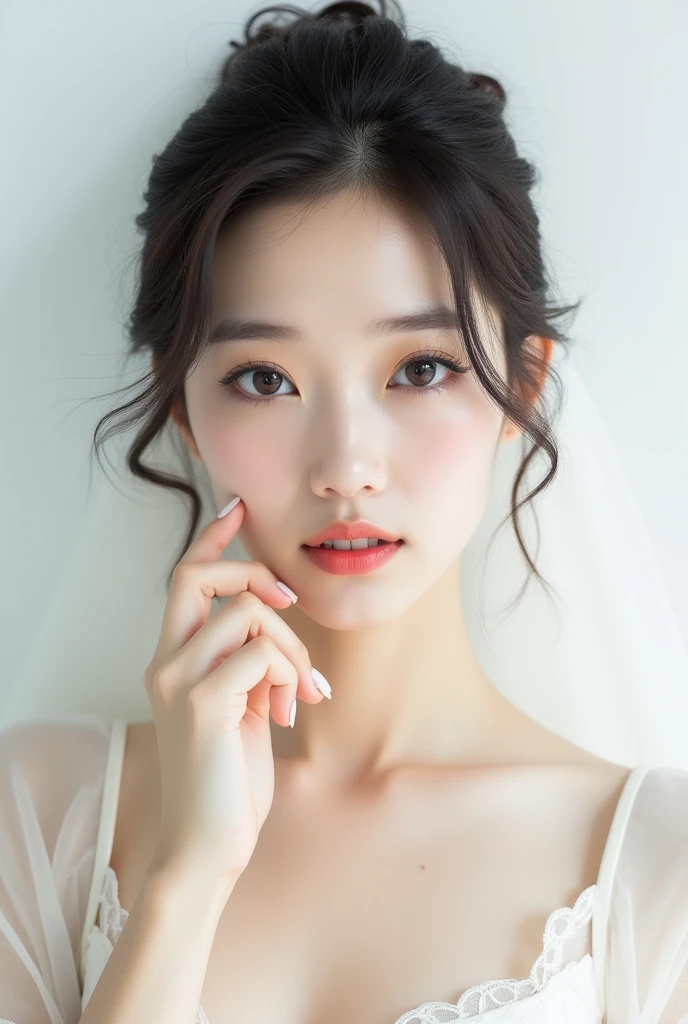 masterpiece, High resolution, perfect face, Japan beauties, 30 years old, beautiful face, white simple background, embarrassed look, look at the camera, (top quality eyes), detailed texture, Look at me, Married woman, cool women, ((high resolution eyes)), hentai, panty