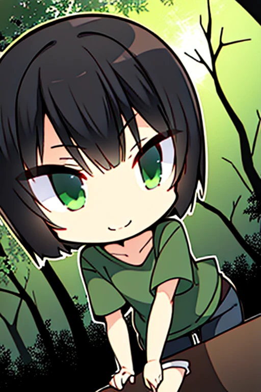 Perfect face. Perfect hands. A black haired boy with green eyes and short hair in shorts and Gothic t-shirts is smiling while leaning forward  in a creepy forest