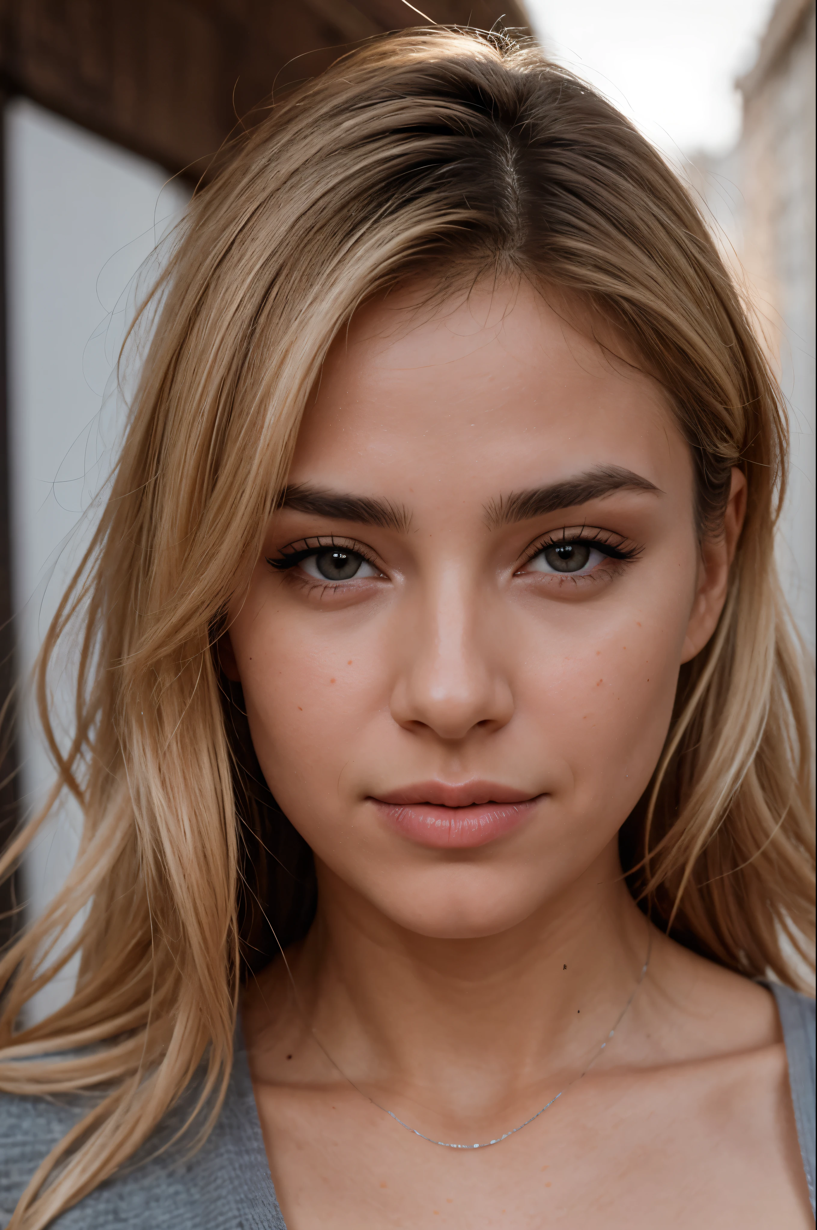 A dark, close-up photo of a blonde with perfect eyes, 
 