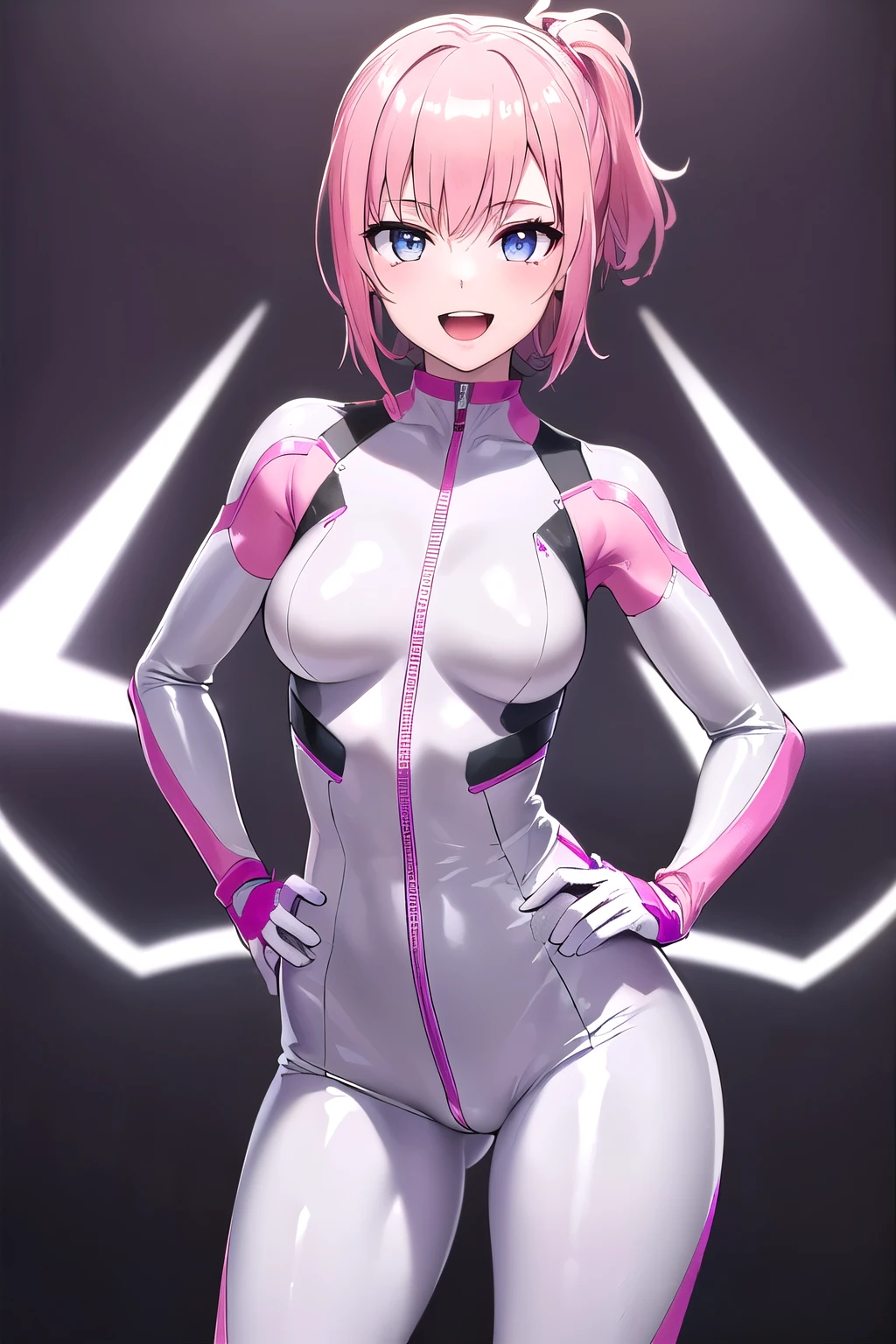 プロンプト: (8K, top-quality, masterpiece:1.2), (Super Detail), (One girl), (Highly detailed), (beautifully detailed eyes), (the highest of quality), (super detailed ), (masterpiece), (Detailed face), ((pink hair)), medium breasts, BREAK, (white, shiny, latex, catsuit:1.3), (rubber:1.3), (neon, pink, accents:1.2), (thick, stripes:1.2), (over-the-knee, pink, lined, latex, boots:1.2), (platform, stiletto, heels:1.1), (matching, pink, choker:1.1), (cat-eye, sunglasses:1.1), (body-hugging, silhouette:1.1), (sleek, trim, details:1.1), BRAKE, (upper body, thighs:1.1), (short, pink, hair:1.1), (smiling, open mouth:1.1), (face, turned, slightly:1.1), (body, angled:1.1), (hand, on hip:1.1), (touching, hair:1.1), (white, grey, background:1.1), (dramatic, lighting:1.1)