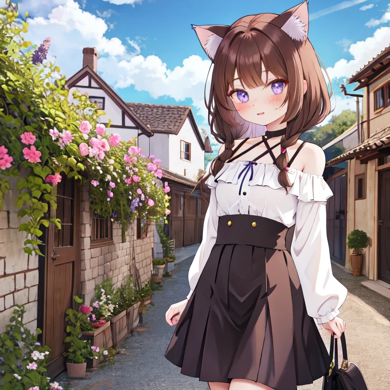 girl, cat ears, violet eyes, skirt, village houses, brown hair, freckles, off-the-shoulder blouse, short skirt,  medieval village, anime style.