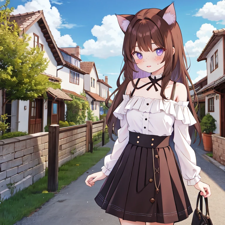 girl, cat ears, violet eyes, skirt, village houses, brown hair, freckles, off-the-shoulder blouse, short skirt,  medieval village, anime style.