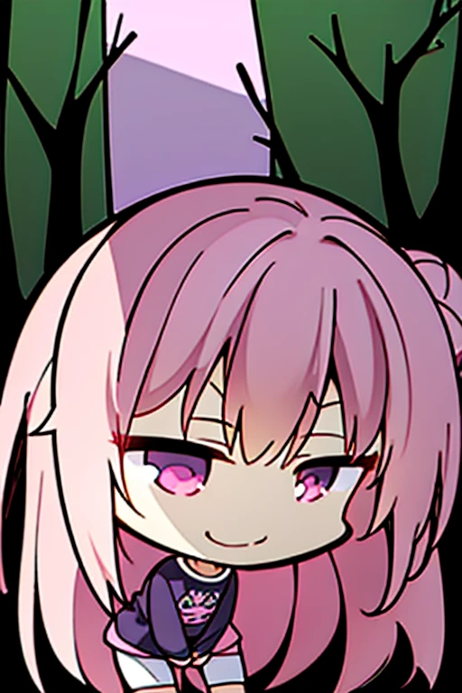 Perfect face. Perfect hands. A pink haired girl with violet eyes in shorts and Gothic t-shirts is smiling while leaning forward in a creepy forest