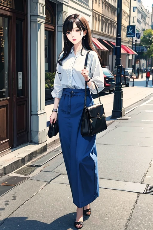 Highest quality、masterpiece、High sensitivity、High resolution、Detailed Description、Slender women、looking at cellphone、Standing on the street、Carrying a big bag、