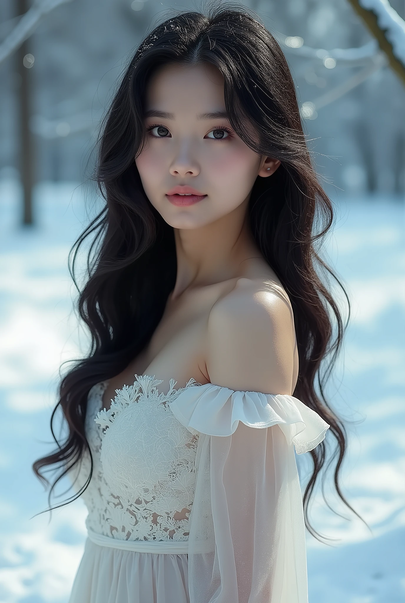 (((masterpiece))), best quality, illustration, 4k wallpaper, film light, absurd, 1 Vietnamese girl, (snow, ice), snow, in winter, black hair, shiny hair, curly hair, hot body, big breasts, transparent clothes, ruffles, lace, wet clothes, off the shoulder, hair tie, masterpiece, telephoto lens, absurd, Exquisite facial features，record，Poster layout，elegant pose，，Natural light，Soft light，（Seven-part combination） ，magnificent，Dream like and magical，mysterious
