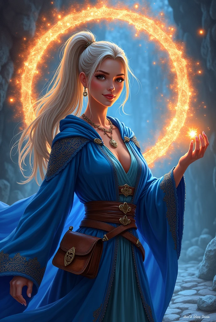 Color portrait illustration, (attractive female as a wizard, Ponytail, Wear_long_flow_blue_intricately_embroidered_wizard_robe), (necklace, Bags, belt, Smile, Very detailed face, masterpiece, best quality), Very detailed, (In the dungeon), Mage_gorgeous, (Large glowing rune circle), fire and ice, Casting a Spell, Ultra-high resolution, author:Alexandre Calame、Alyssa Monks and Shigeru Ban