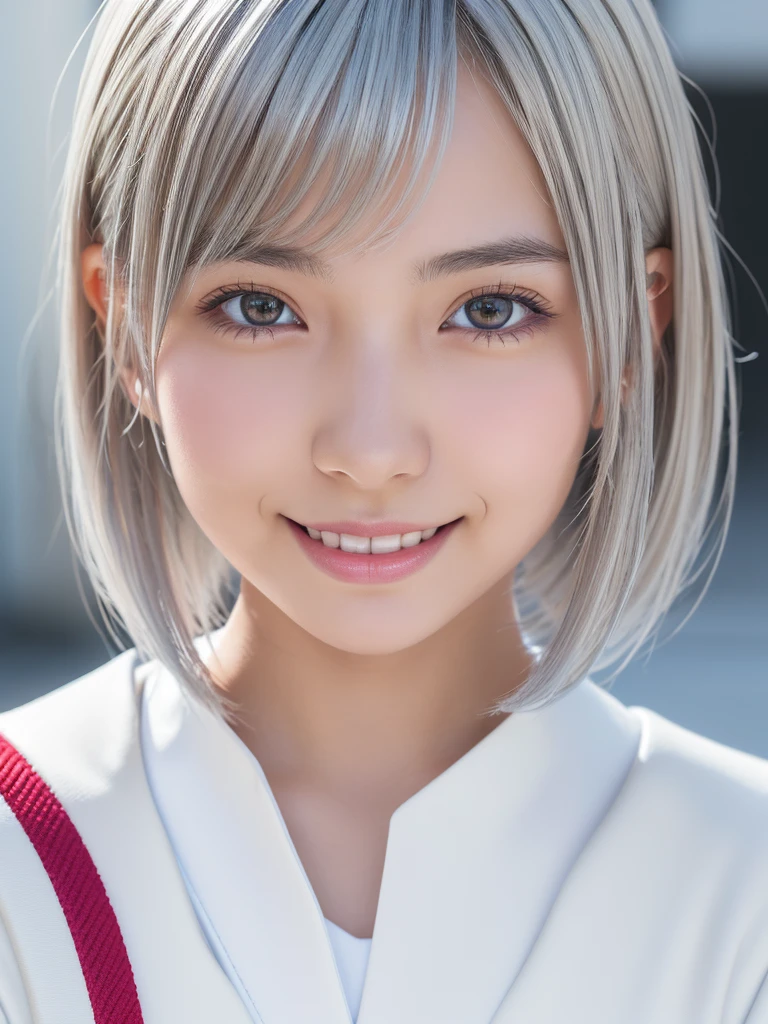 (A beautiful girl in a bright nordic setting, face lighting, realistic, cute, sexy, slim, extremely detailed eyes, droopy eyes, clear eyes, extremely detailed face:1.25), (ultra short fluffy hair,silver hair:1.5),(close-up of face,smiling:1.25), (japanese highschool uniform:1.5),detailed skin, intricate details, high quality, detailed background, soft lighting, detailed clothing, natural pose, cinematic lighting, volumetric lighting, digital art, photorealistic, vibrant colors, sharp focus, hyper detailed,Highres fix