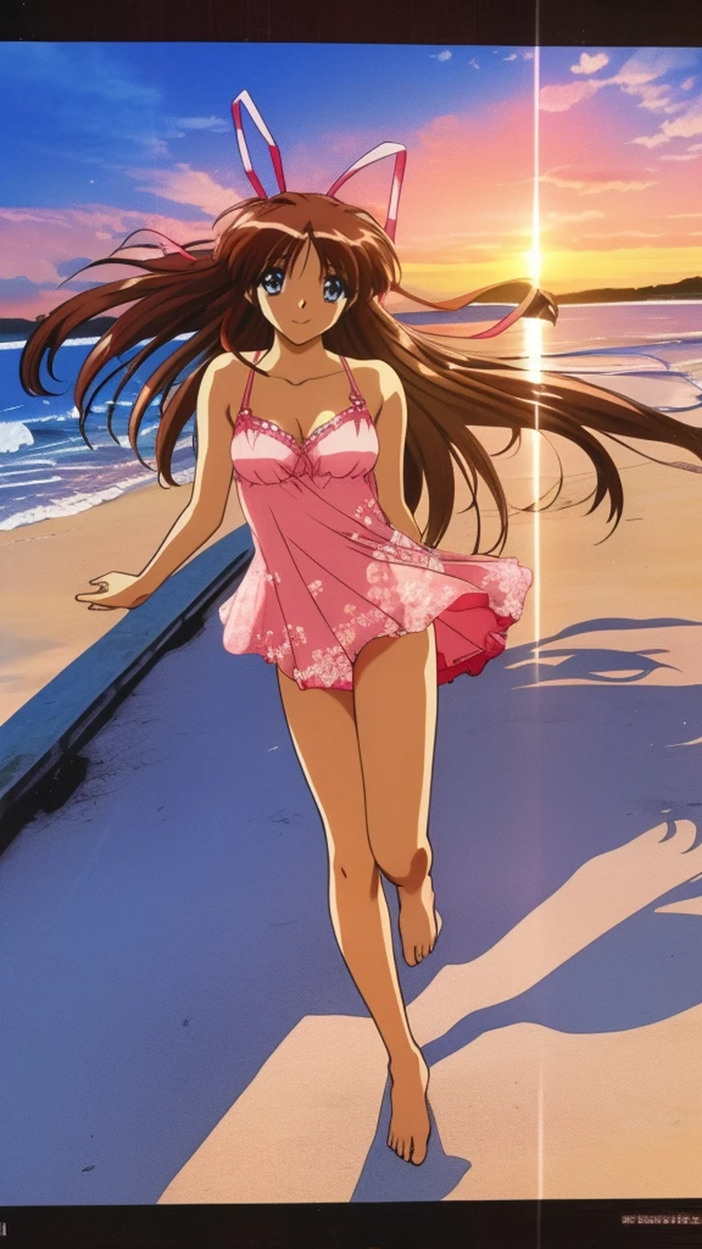 HinomoriAzusa, One person, alone, Brown Hair, Long Hair, ribbon, smile, blue eyes, hair ribbon
pink tank dress with red floral patterns, white bra, white panties, barefoot, The beach where the sunset sinks、Looking at me and smiling, masterpiece, expensive quality, very_expensive_solve, big_file size, Full Color, cinematic angle