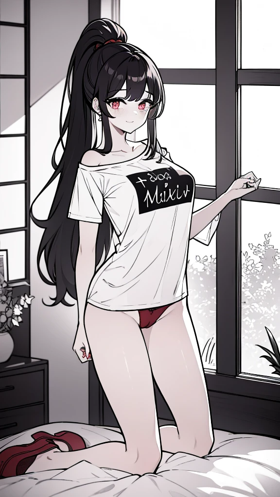 using pantimedies, wavy black hair, piercing look with deep red eyes, average stature, Silky hair with a ponytail hairstyle collected with a red bow with two white lines, has a vagina, has breasts, cup of breasts, small breasts, slim, foreground, Session, sitting in her room, standing in his room, wearing pantyhose, using pantimedies, Picardias, neckline, looking at the viewer, lascivious smile, ((oversized t-shirt)), off the shoulders, without pants, washing machines, thighs, ((White T-shirt)), standing, hands on the hips,, shoes, blush, from below, thighs gorditos, thighs grandes, big ass