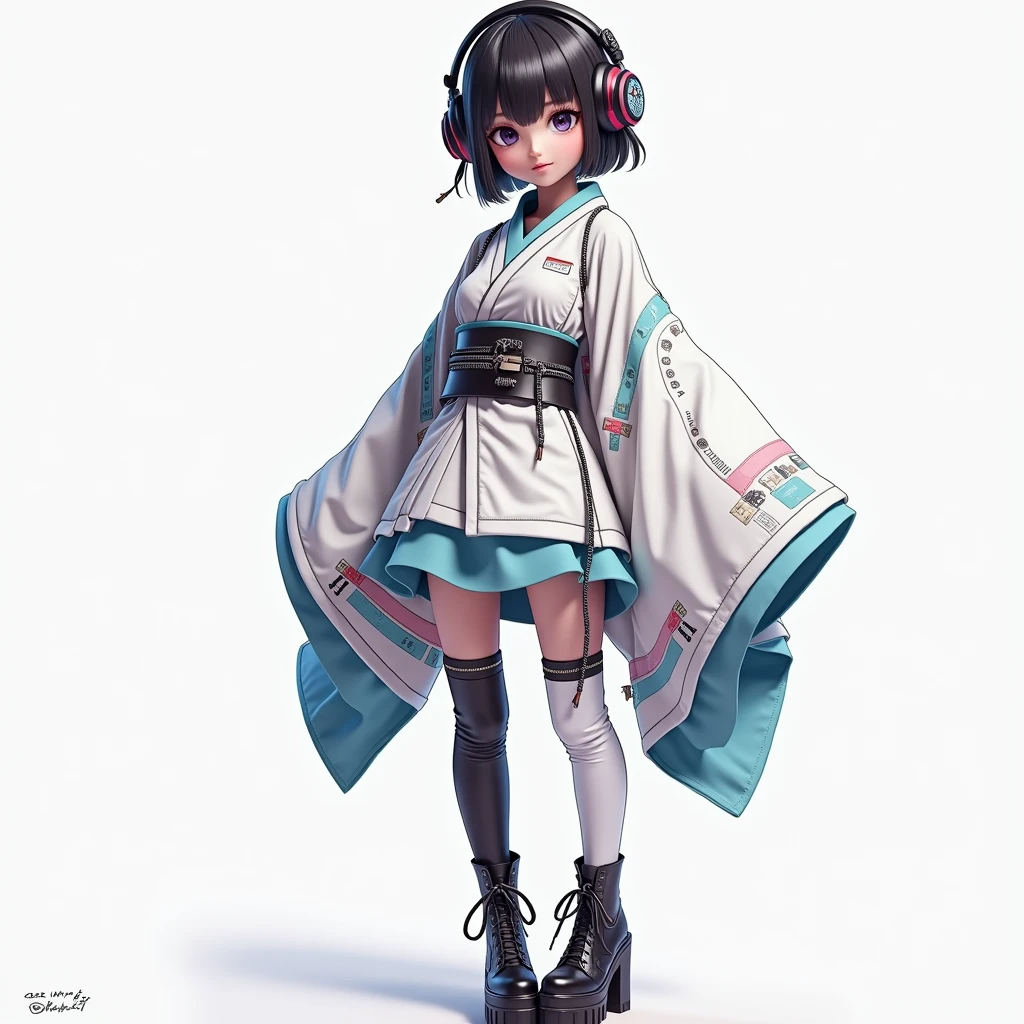Fashion that combines kimono and future Western clothing、{{One Woman}}、Real Photo、Full Body Shot、Headphones on head、Bob Hair、Beautiful Face、live-action、White and blue clothes、Black knee-high boots、Platform boots、{{Real Photo}}、3D photo、