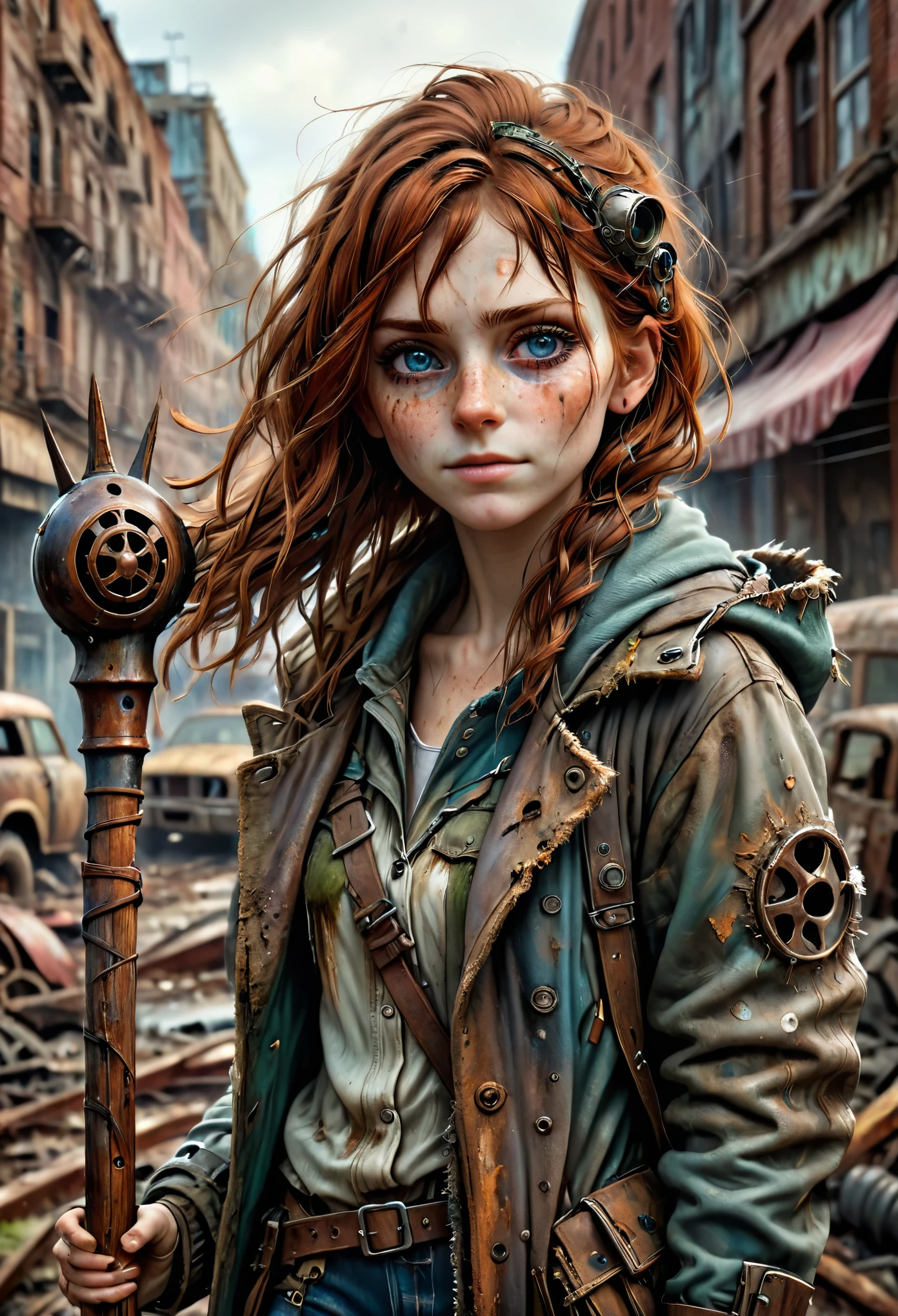 (Realistic:1.2), ultra detailed, modern analog style, photorealistic cute woman, chestnut hair, tattered outwear, post-apocalyptic, detailed face, beautiful eyes, (shy smile:0.7), freckles, holding a big staff, exhausted after another battle, dramatic, vibrant, sharp focus, looking directly to the camera, centered image, elegant, approaching perfection, hyper realystic, bokeh, cannon 6d, blured post-apocalyptic background 