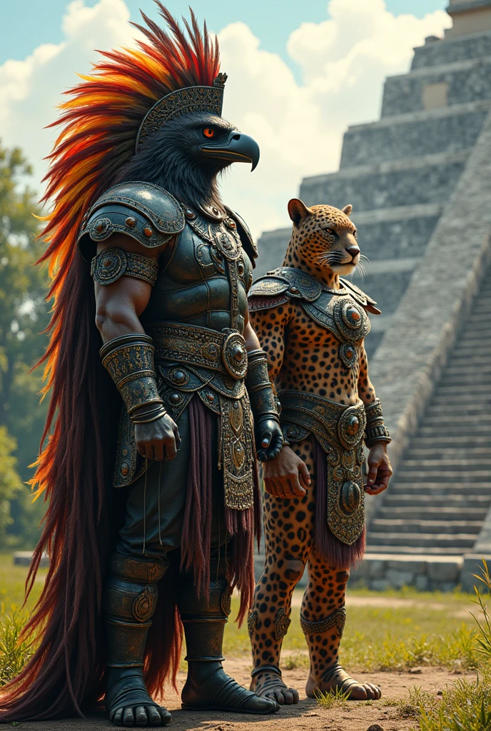  Mighty Eagle Warrior, the elite of the Aztec Empire, wears an obsidian armor worthy of a God. On his head, a large and majestic headdress made with feathers of a thousand colors. Beside him, a powerful Jaguar Warrior wearing formidable armor. Both warriors protecting the great city of Tenochtitlán. 