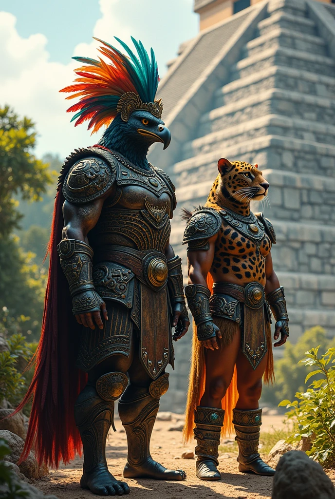 Mighty Eagle Warrior, the elite of the Aztec Empire, wears an obsidian armor worthy of a God. On his head, a large and majestic headdress made with feathers of a thousand colors. Beside him, a powerful Jaguar Warrior wearing formidable armor. Both warriors protecting the great city of Tenochtitlán.