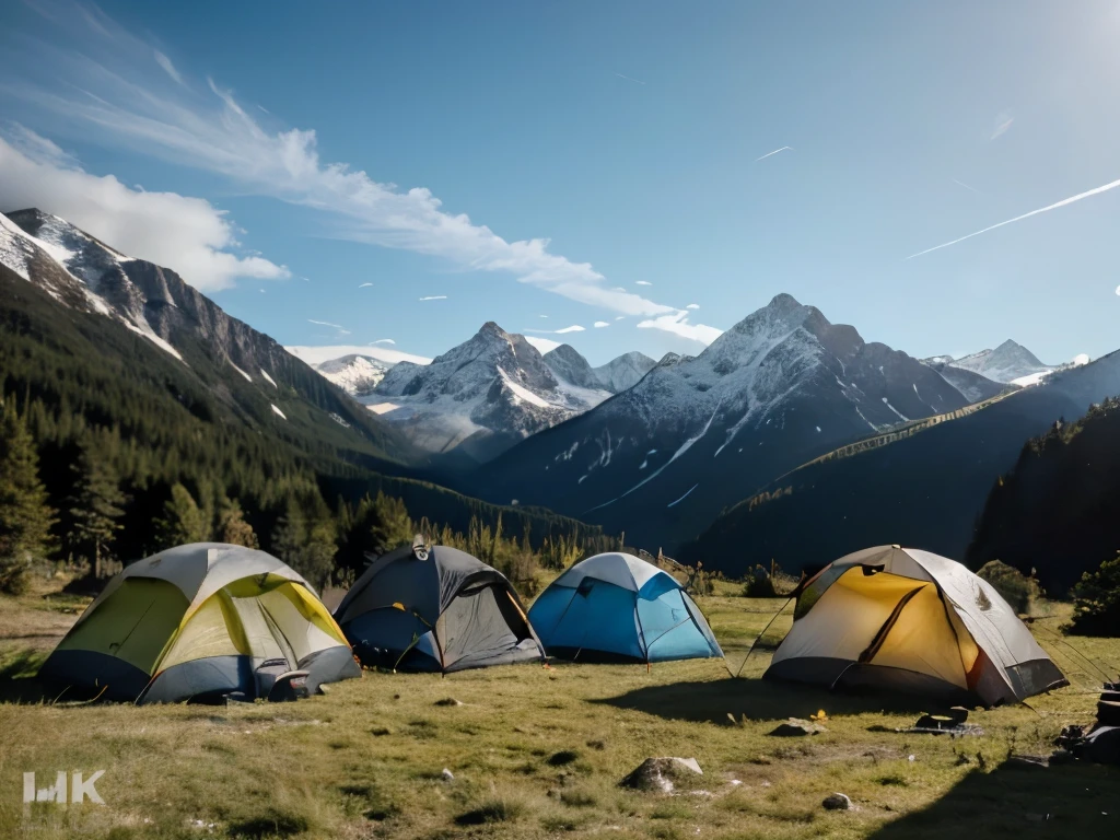 a serene camping scene, several tents around a crackling campfire, majestic mountains in the background, beautiful day, idyllic nature landscape, warm sunlight, lush greenery, detailed foliage, rocky terrain, fluffy clouds, tranquil atmosphere, adventure outdoor, (best quality,4k,8k,highres,masterpiece:1.2),ultra-detailed,(realistic,photorealistic,photo-realistic:1.37),landscape,cinematic lighting,vibrant colors