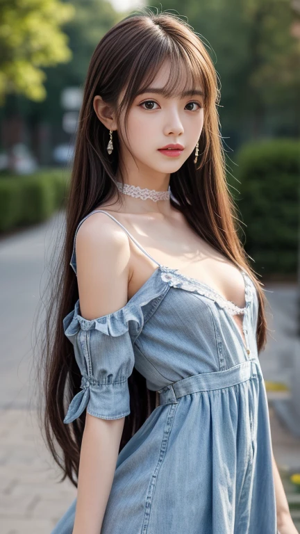 A denim camisole dress featuring lume pleats、Half Sleeve Shirt))whole body viewing angle、beautiful, calm and bright look、Sexy and refreshing look、完璧なbeautifulcute顔、Very bright、Long bangs between the eyes、Long black hair straight hair、とてもcute、beautifully、Sexy young tiny woman、非常に完璧なbeautifulcute顔、、Real女性、cute,((Small breasts:1.4))、(()) And a very slim figure,Very thin leganicules、Earrings、Pink Lip、choker、Real、Highest quality、Detailed face、Detailed Background、Depth of written boundary、alone、night,Highest quality、High resolution、超High resolution（Real：1.4）Detailed eyes、Gradation、Perfect anatomical figure、Woman with perfect body、Highly detailed skin、非常にDetailed face、細部までbeautiful目、Background blur、Lolita Costume Outfit，Lace， Aerith Gainsborough，