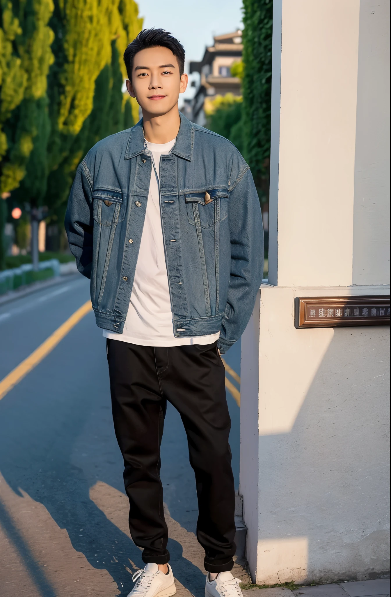 Masterpiece, best quality, height, Ultra high resolution,TRUE, photoTRUEistic,young man,handsome face,evening,natural light,look at viewer,outdoor,full body,smile,round face,short hair,Eye details,Shanghai city road,night scenery, wearing denim jacket, and black trousers, sneakers, open jacket 