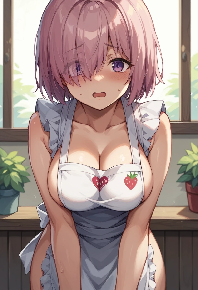 Dark-haired junior high school girl、Japanese、Berry Short、mash、Bobcut、cute、Large breasts、The chest is emphasized、Naked Apron、Embarrassing、Red face