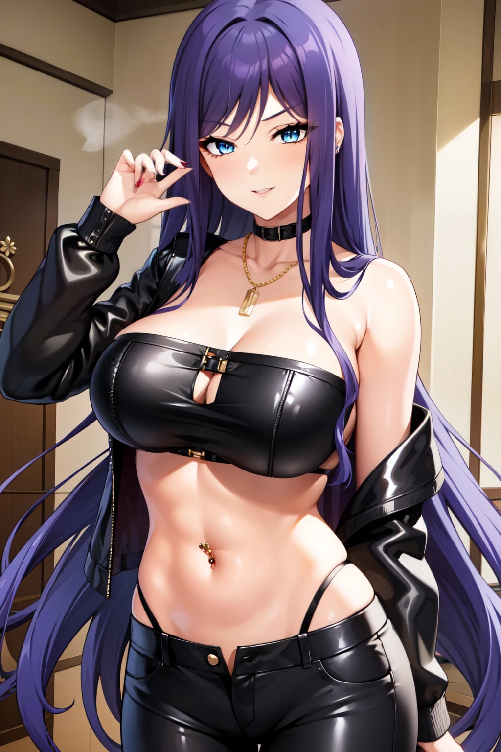 jewelry,gem, necklace, 
blue eyes, purple hair,long hair,Bangs,
long hair, lipstick, smile, Hot girl, baddie, staring, glaring, bad attitude, mean girl, dare, angry, hate, crazy, smoking, sensual, attractive, mall, shopping center,indoors masterpiece, best quality, highly detailed, a girls with a gun, evil smile , open mouth, sexy gaze, badass
pose , evil smile, smile, (nsfw) not safe for work, guns blazing, anime girl with long hair, beautiful long
haired girl, navel, evil expression, exposed belly, exposed navel, exposed midriff, exposed lower belly,
long black pants, crop top, cleavage, unbuttoned leather pants ,open fly, low rise black leather pants,
leather jacket, holding a gun, holding pistol, navel piercing