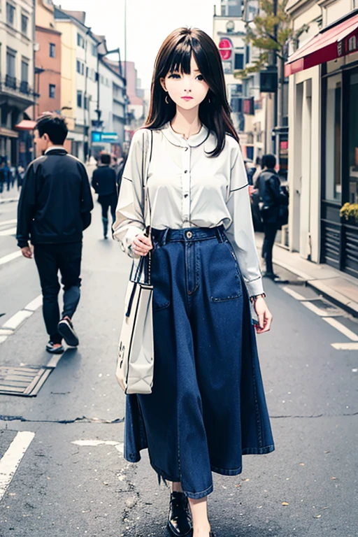 Highest quality、masterpiece、High sensitivity、High resolution、Detailed Description、Slender women、While looking at your phone、Standing on the street、Carrying a big bag、