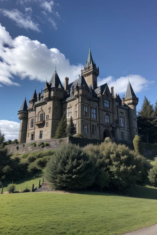 Medieval style castle, large and dark, located on a mountain in New Zealand, with various trees making way for the castle. A place that looks like it came out of the books.